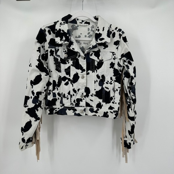 Peach Love California Jackets & Blazers - Women Western Cowprint Jacket Size S Fringe Rodeo Statement Cropped Bold Cowgirl